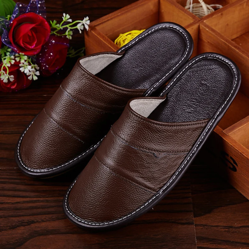 Тапки мужские из натуральной кожи Нескользящие толстые однотонные домашние