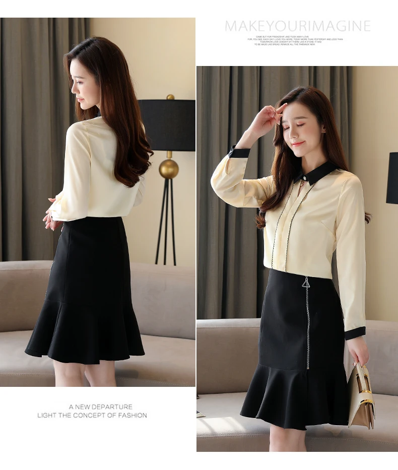 

Houthion Silk Women's Blouses Long Sleeve Top Fashion Solid Chiffon Shirt New Korean Loose Casual Blouse Full Office Lady