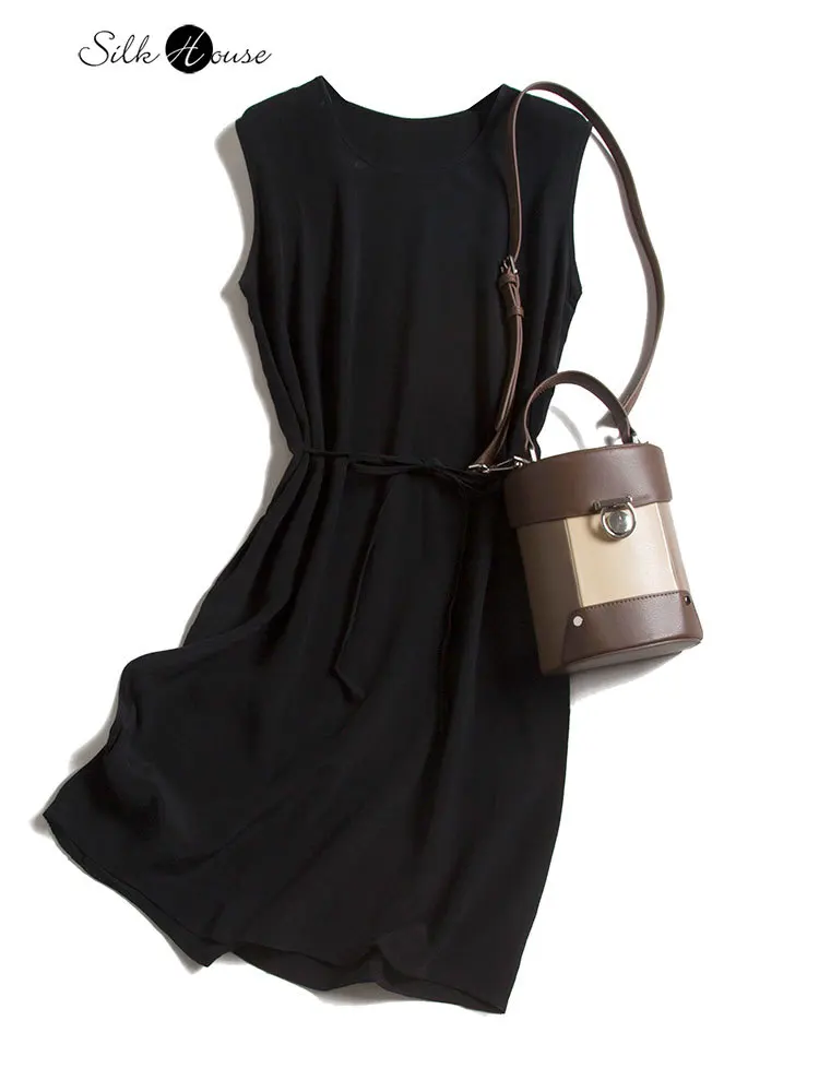 

Женское платье из натурального шелка тутового шелкопряда, черное платье средней длины без рукавов с круглым вырезом и поясом, Новинка лета ...