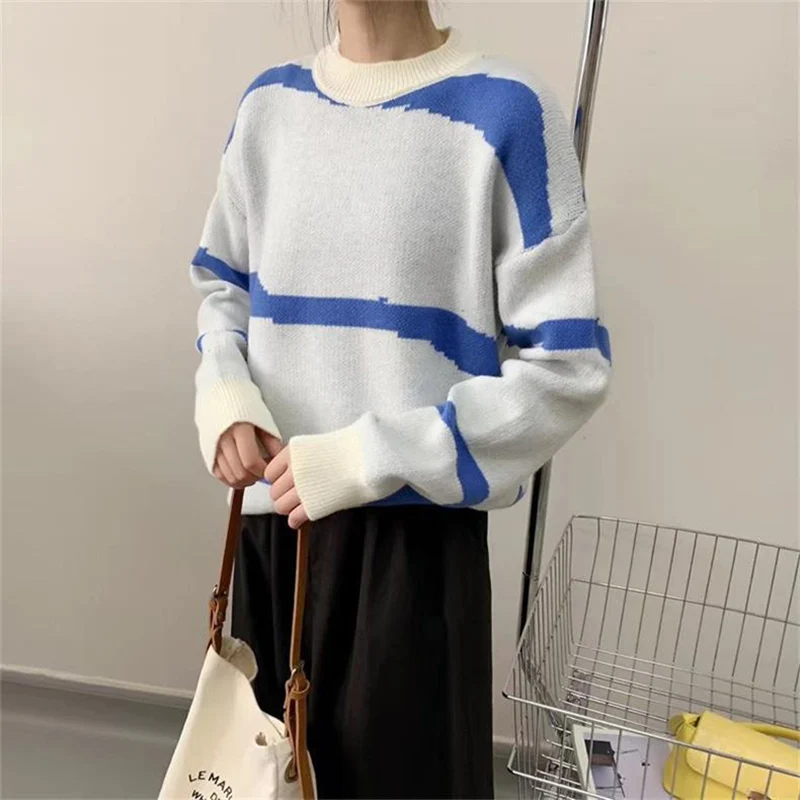 

Женские свитера в полоску с круглым вырезом, модная свободная теплая вязаная одежда для ленивых, новинка сезона осень-зима 2021, шикарный Повс...