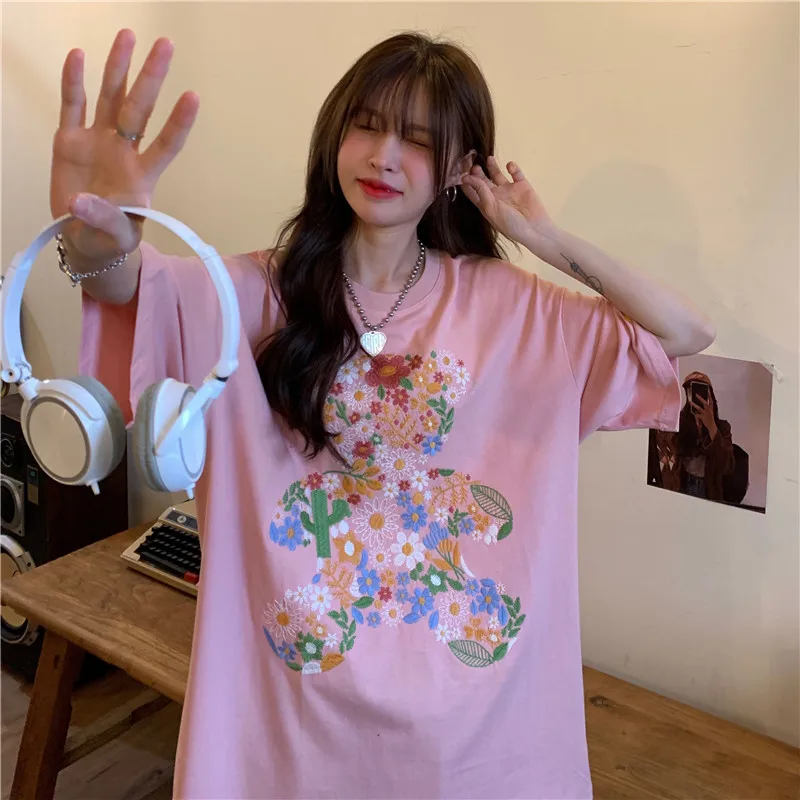 

Houthion Women's T-shirt Cotton Top Short Sleeve O-collar t Shirt Korean Casual Fashion New 2021 Cartoon Print Ship Immediately