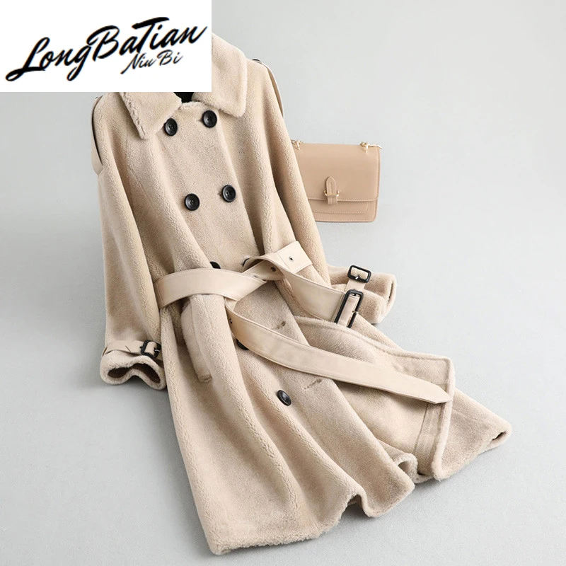 Женская зимняя куртка из овечьей кожи 100% шерсть с поясом корейский стиль MY4250