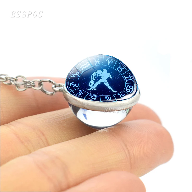 Женское двухбоковое ожерелье со стеклянным шариком 12 знаков зодиака серебряное