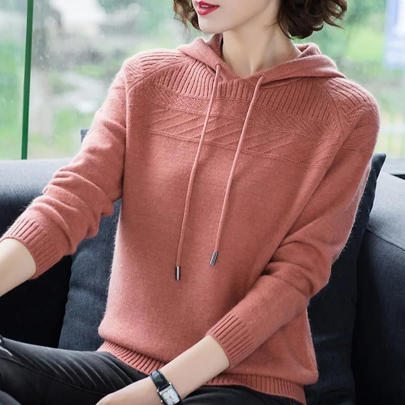 

Slim Knitted Hooded Sweaters For Women Solid Plicated Stripe Pullovers Large Size Casual Harajuku Knitwear Sweatshirts Femme