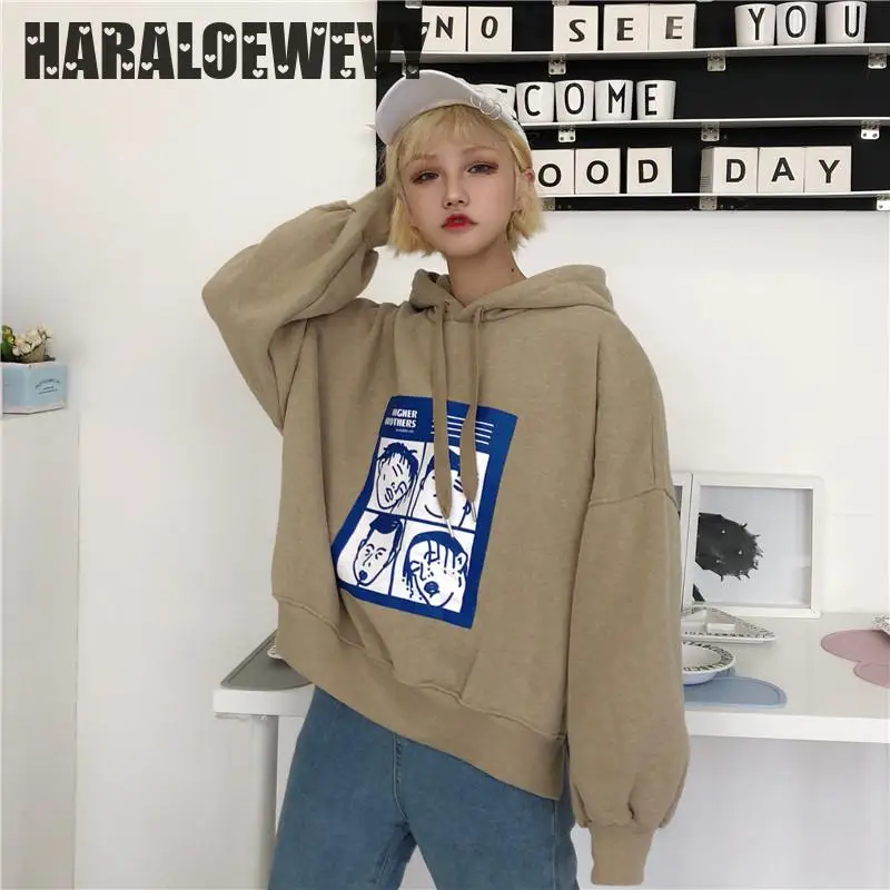 Fashion Sweatshirts Women 2018 Korean Ulzzang Harajuku Cartoon Printed Loose Hooded Sweatshirt Hoodies Female Casual Clothing | Женская