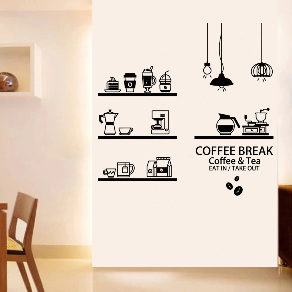 Coffee Shop Stickers Bean Milk Tea Decals Cafe Cup Vinyl Wall Decor Mural Decoration Break Bread Coffee Glass Poster RB244