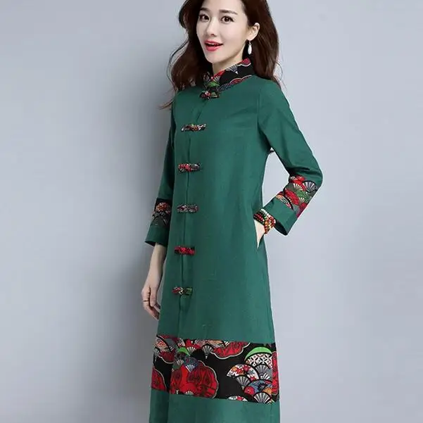 Весенне-осеннее Женское пальто из хлопка и льна с принтом Длинные рубашки