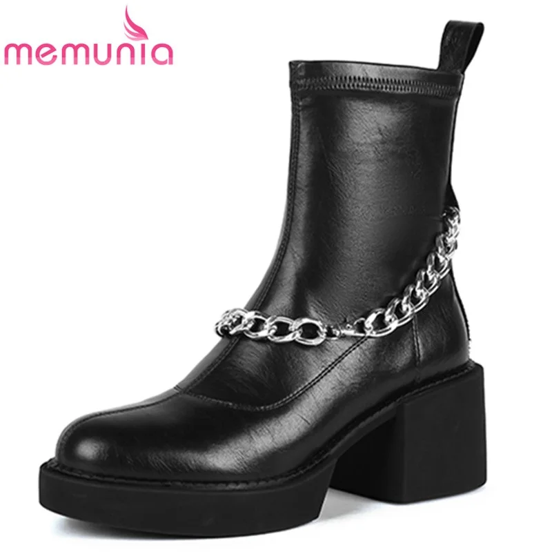 

MEMUNIA 2021New Genuine Leather Boots Fashion Women Winter Shoes Metal Decoration Lady HandMade Stretch Ankle Boots