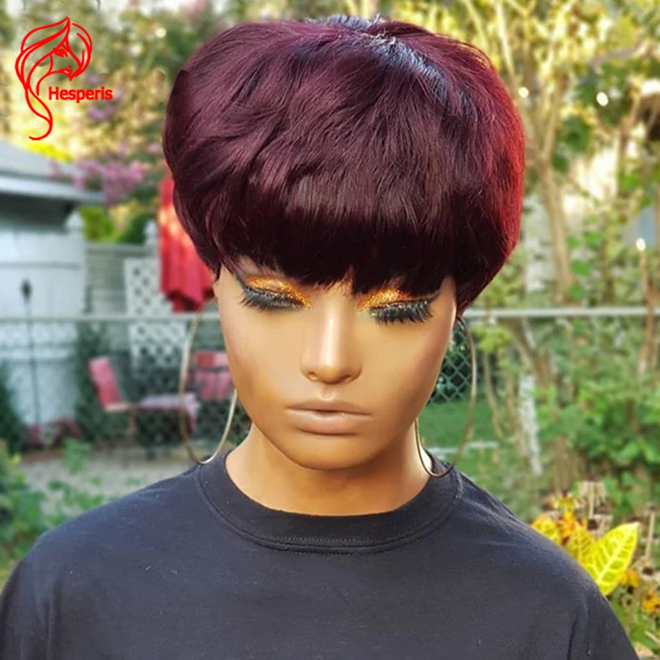 

Hesperis Burgundy Bob Human Hair Wigs With Bang Brazilian Remy Full Machine Made Short Pixie Cut Wigs 99J Bob For Black Women