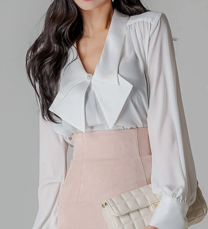 

2021 spring summer temperament women Bow tie V neck Chiffon long Sleeve Blouses + Sheath Pencil Bodycon Skirts 2 pieces sets