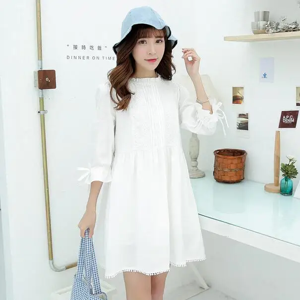 Осень Лето Женское милое белое мини платье прекрасный чистый цвет половина рукав