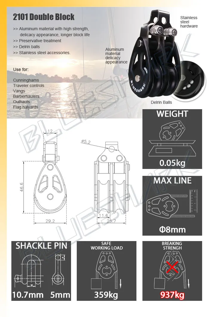 Парусное оборудование 28 мм 1 3/32 дюймовый Алюминиевый двойной блок 2101