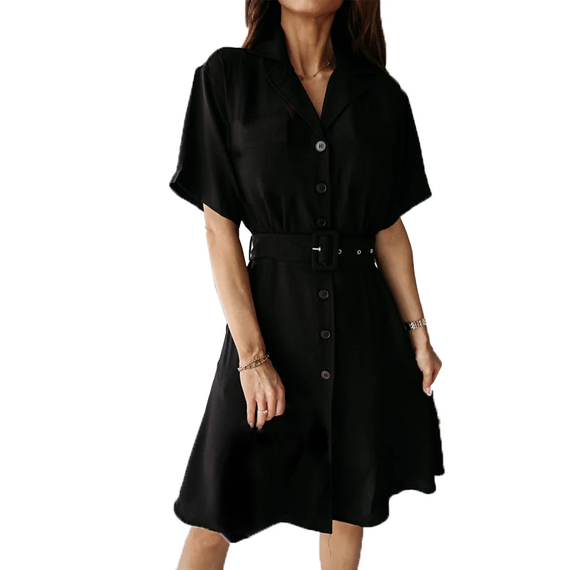 

Lofia Women Knee Length Dress with Belt Lapel A Line Single Breasted Dresses Holiday Office Beach Party Vestidos Kleider Robe