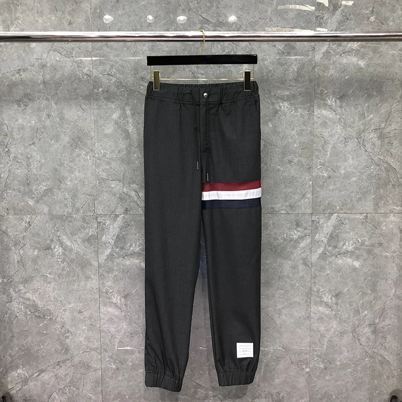 2021 Fashion Brand Men Casual Patchwork Hollow Striped Slim Pants Autumn Winter Wool Straight Trousers