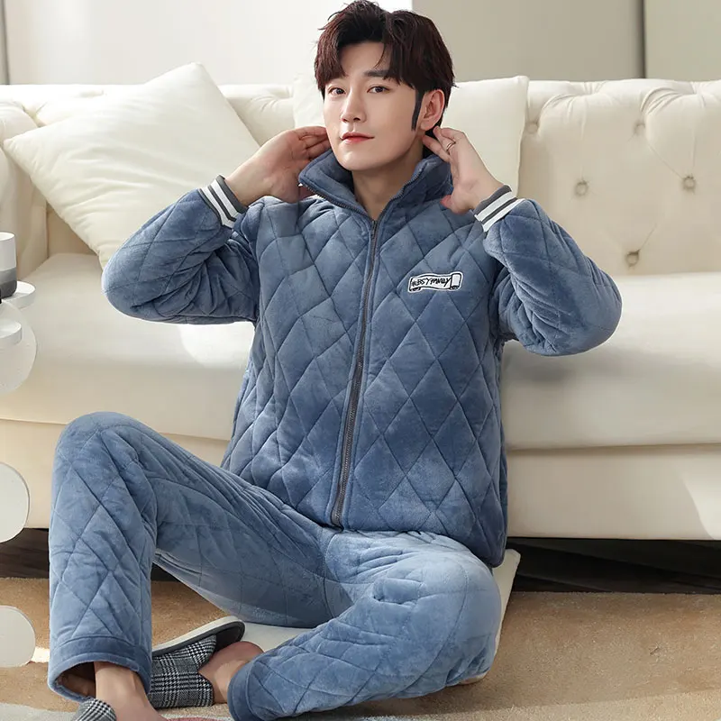 Men Coral Fleece Warm Pyjamas Sleepwear Men's Flannel Winter Pajama Thick 3 Layer Pijama For Male