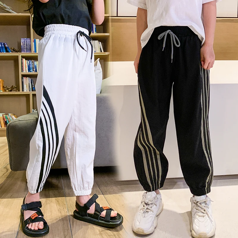 Лето 2020 модные штаны в полоску сбоку Тонкие для девочек повседневные брюки