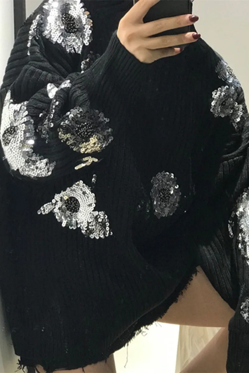 Черный свитер женский 2019 осень и зима бисер цветок украшение расшитые блестками