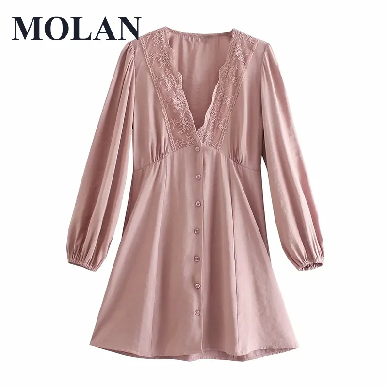 

MOLAN Woman Vocation Dress Lace V Neck Long Sleeve Singal Breasted Sexy Solid Summer New Vestido Female Fashion Beach Dress