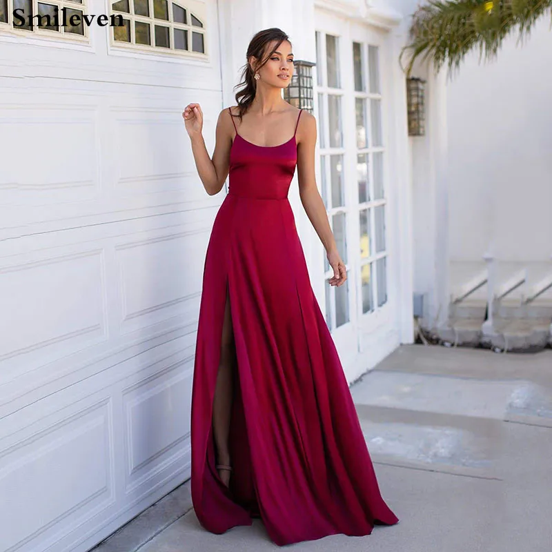 

Smileven Sexy A Line Simple And Clean Evening Dress Spaghetti Strap High Side Split Prom Party Gowns Backless Celebrity Dresses