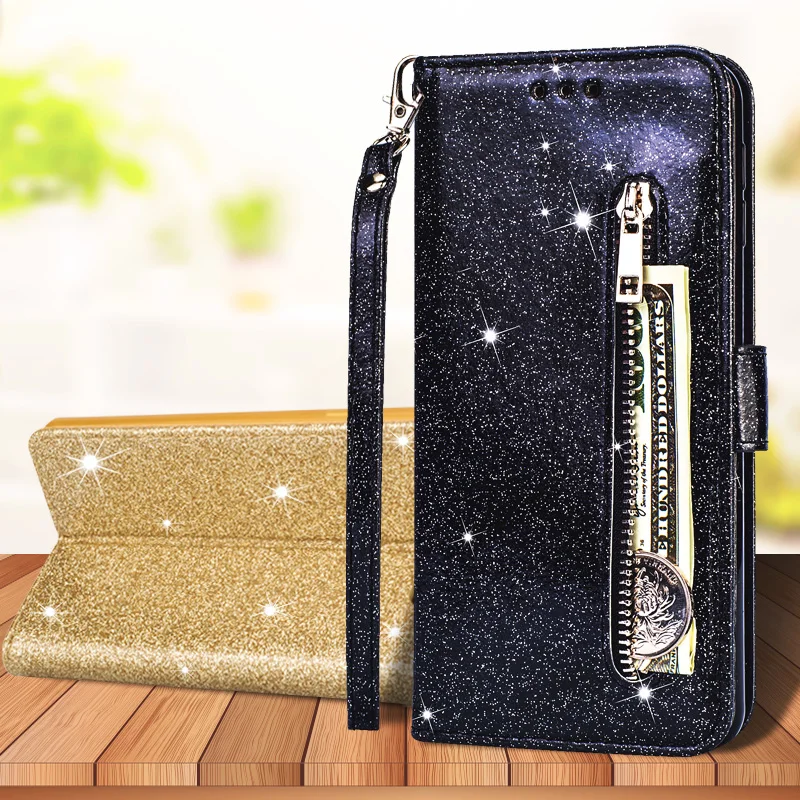 

For Huawei Y6(2019)/Y6 Prime(2019)/Honor 8A/8A Pro 6.09in Fashion Shine Glitter Zipper Wallet Bag Phone Leather Case Stand Cover