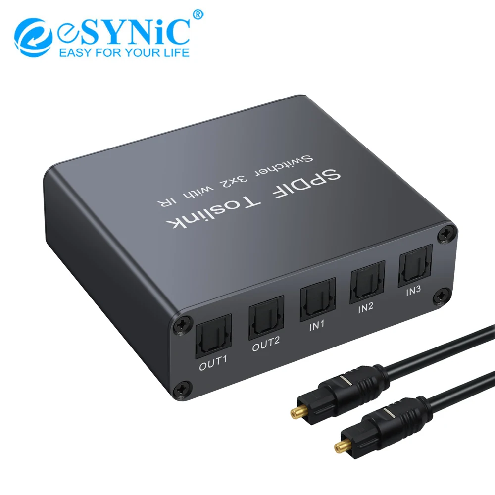 

ESYNiC 3 порта Spdif Toslink оптический переключатель сплиттер 3 в 2 выхода с ИК-пультом дистанционного управления Поддержка порта LPCM 2,0 DTS Dolby-AC3