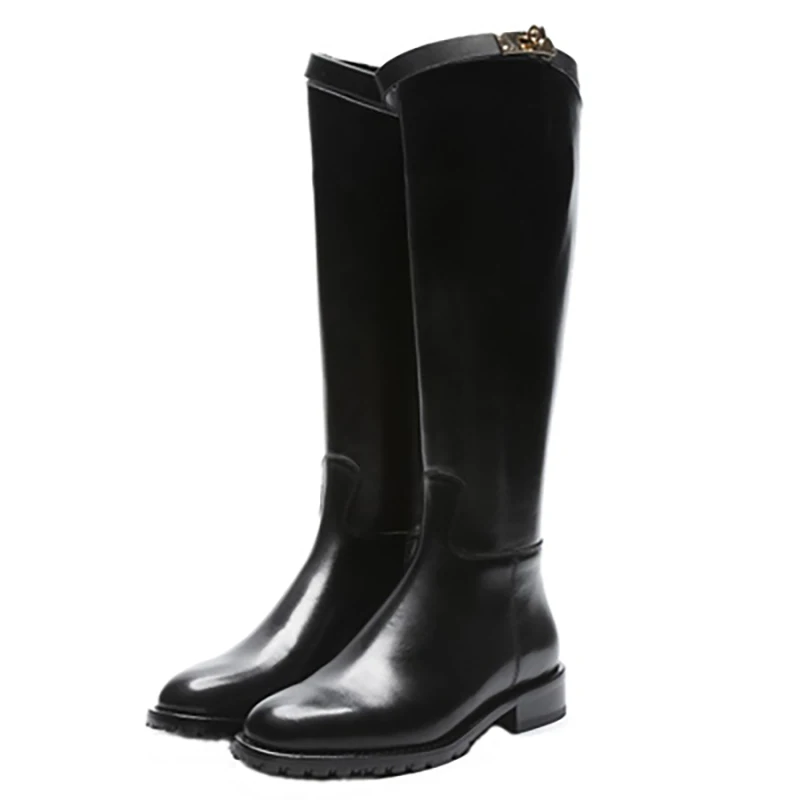 

Knee-High Boots Women Genuine Cowhide Hardware Buckle Decoration Luxury Shoes Winter Wearing Fashion Ladies