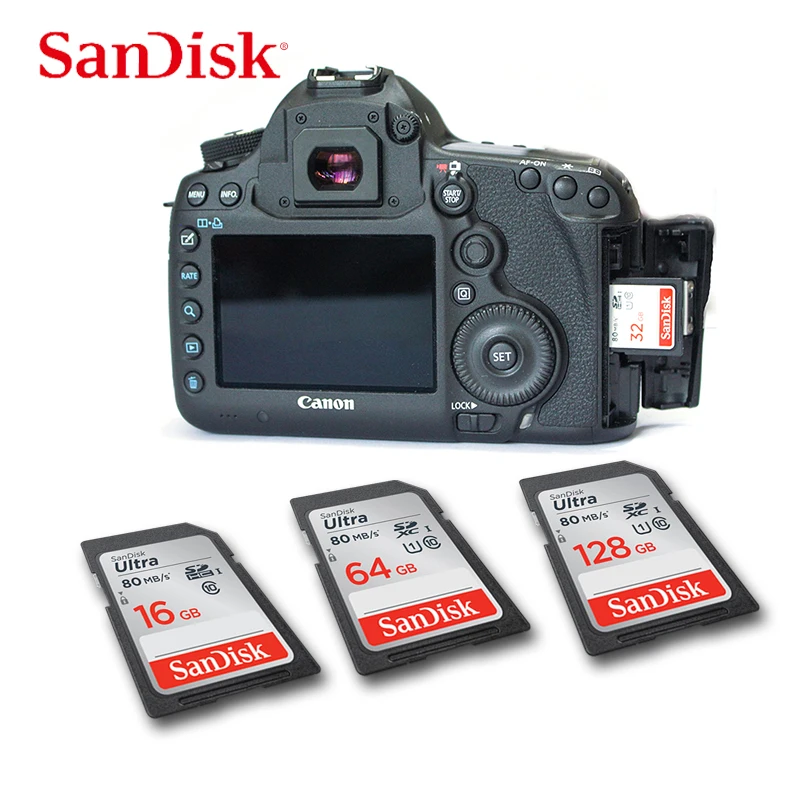 Карта памяти SanDisk Ultra SDHC/SDXC SD класс 10 16 ГБ 32 64 128 C10 UHS-I 80 МБ/с. флеш-карта для камеры Full