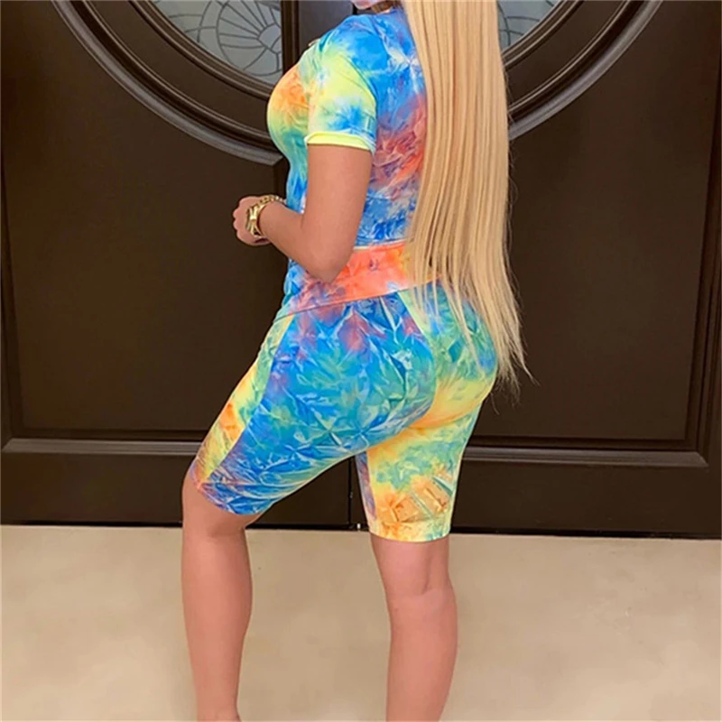 

Womens 2 Piece Set Tie Dye Print Sports Suit Outfits Woman Top And Biker Shorts Sweet Print Matching Set
