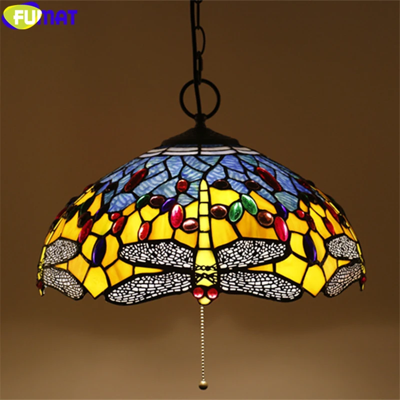 

FUMAT 16" Tiffany Blue Yellow Red Dragonfly Stained Glass Pendant Lamp Rose Gemstone Handicraft Hanging Light Fixture Home Decor