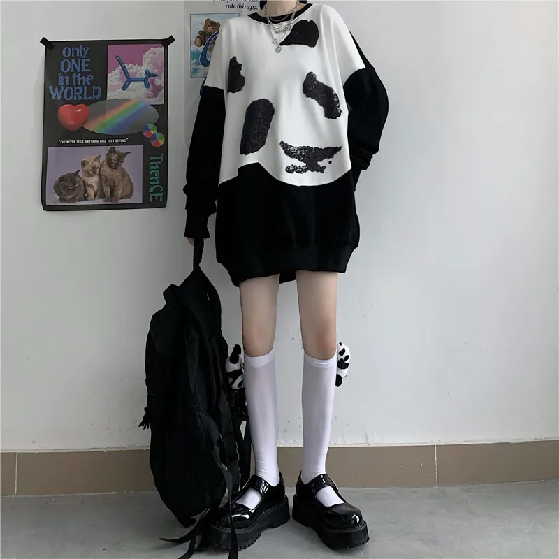 

Autumn 2021 New Korean Ins Harajuku Style Panda Printing Sweater Women's Mid-Length Long Sleeve Top Student Fashion