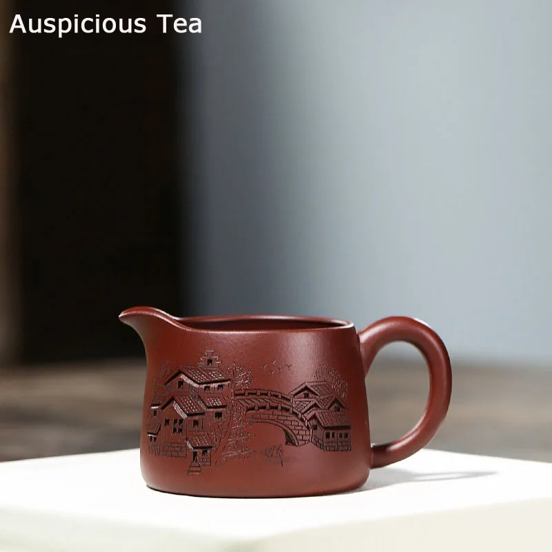 

200ml Yixing Raw Ore Purple Mud Handmade Sculpture Jiangnan Landscape Purple Clay Fair Cup Home Unify Tea Accessories Drinkware