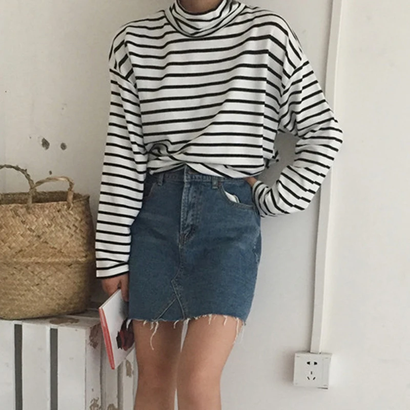 

Women T-shirt Turtleneck Striped Full Sleeve Stretch Tops Basic Drop Shoulder Undershirt Basic Perfect Pullover M-XL