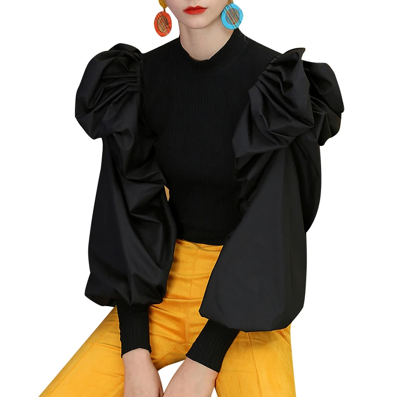 

COLOREE 2019 Women Blouse Elegant Knitted Patchwork Black/Green/White Blouse Blusas Casual Puff Sleeve O-neck Designer Chic Tops