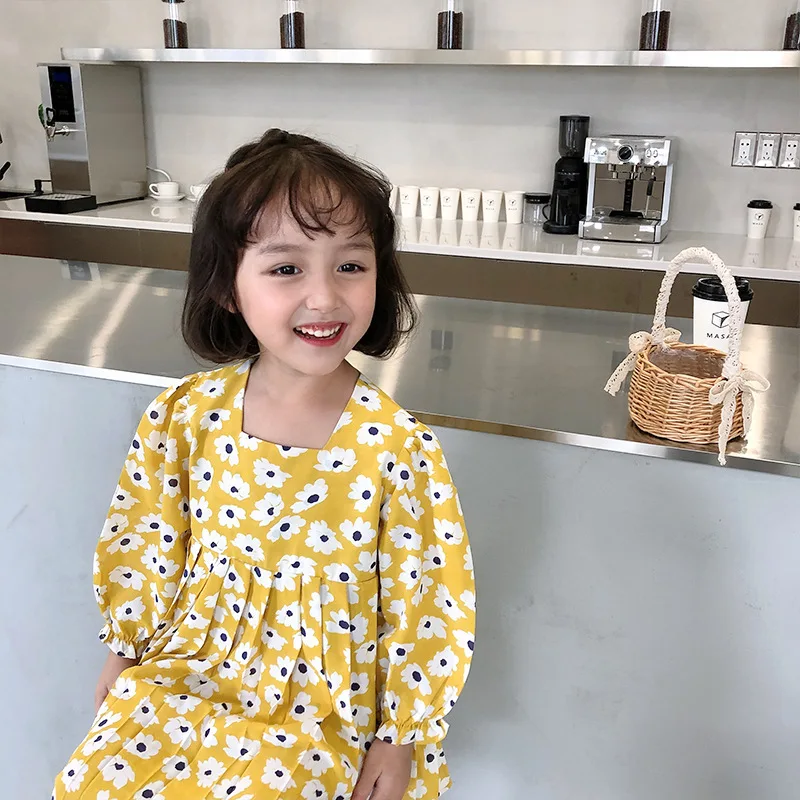 Детское платье для девочек 2020 осеннее Новое квадратное с воротником шифоновое