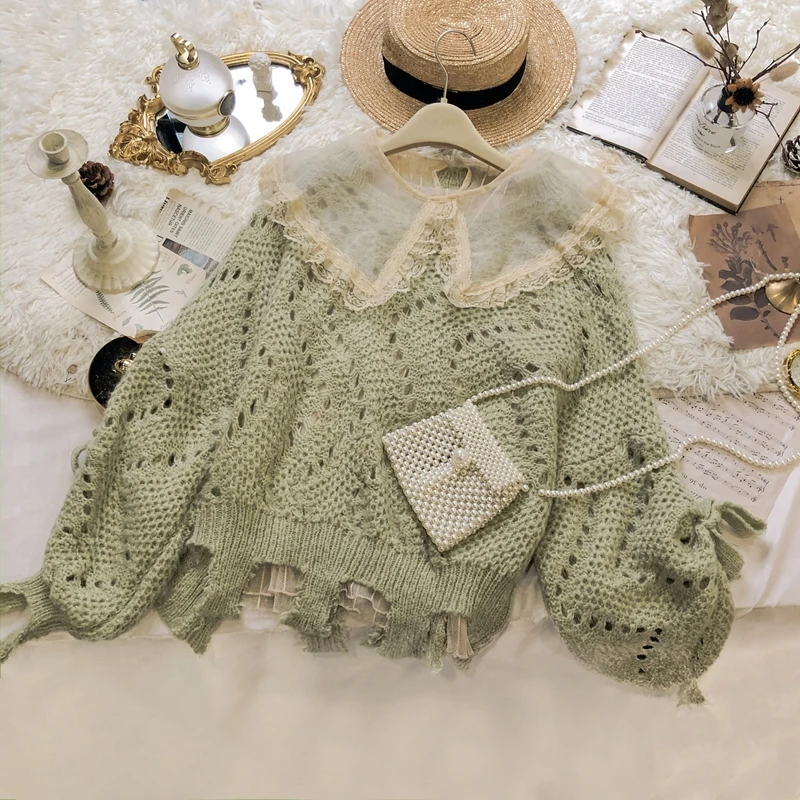 

Korean Loose Princess Style Knitted Set Female lace Trim Lapel Base Tops Lantern Sleeve Bowknot Bandage Sweater Women Spring