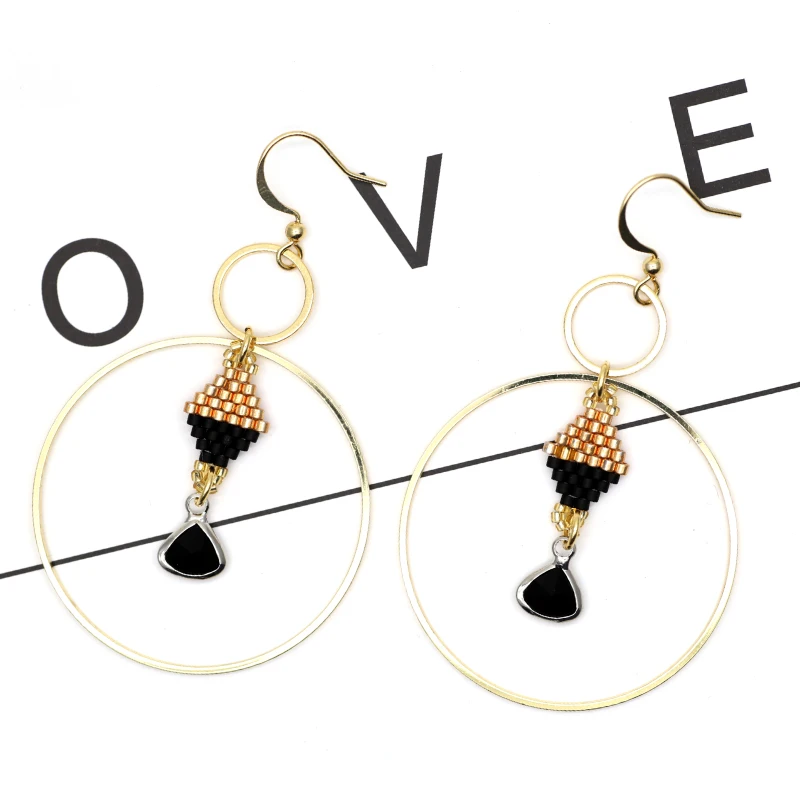 

FAIRYWOO Miyuki Beaded Handmade Round Pendant Earrings For Women Geometric Black Gem Black Gold Color Collision Earring Jewelry