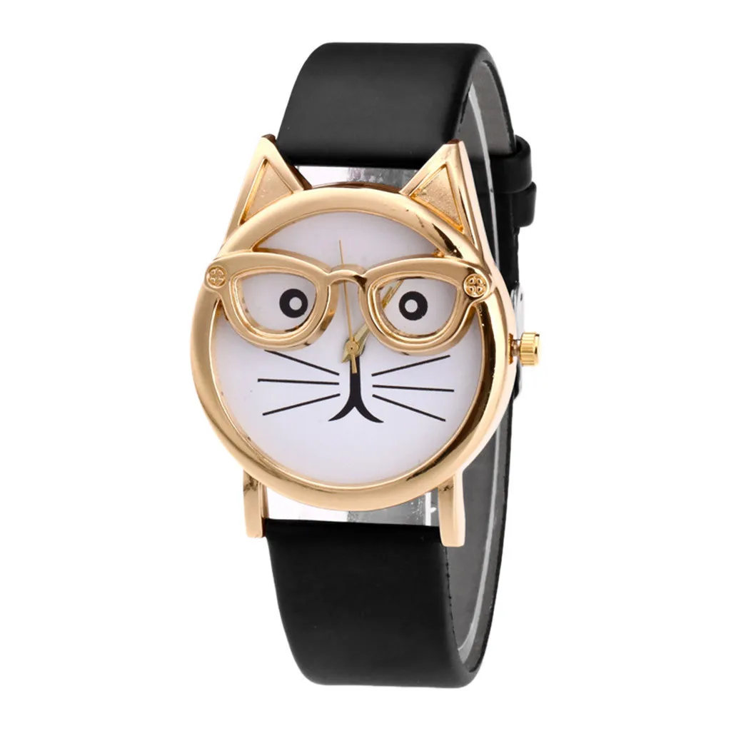 

Ladies elegant wrist watch girl Fashion Lovely Cat With Glasses Strap Dial Women's Quartz Watch Gift Relogio Feminino Zegarek