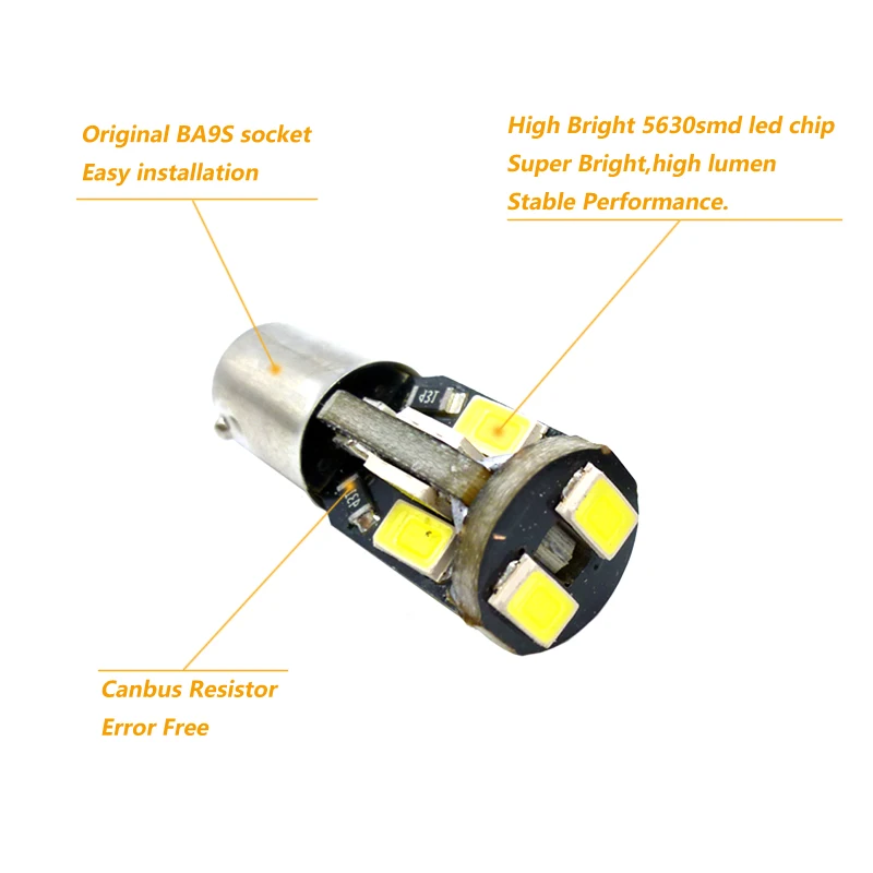 Фото Светодиодсветильник лампа CANBUS BA9S/BAX9S/BAY9S/H21W/T4W/H6W/W5W, 5630, 8 светодисветодиодный, с боковым клином, внутренняя сигнальная лампа, 12 В, теплый белый ... №3