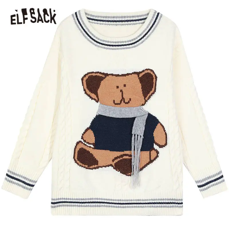 

ELFSACK Bear Jacquard Loose Casual Knit Pullover Women Sweaters,2020 Autumn Vintage Full Sleeve,Korean Female Daily Cute Tops