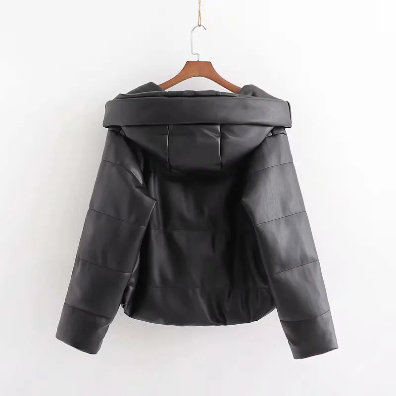 Winter PU Leather Coats Women Faux Leather Pockets Parka Women Elegant Hooded Zipper Coats Female Large Size Thicken Warm Coat