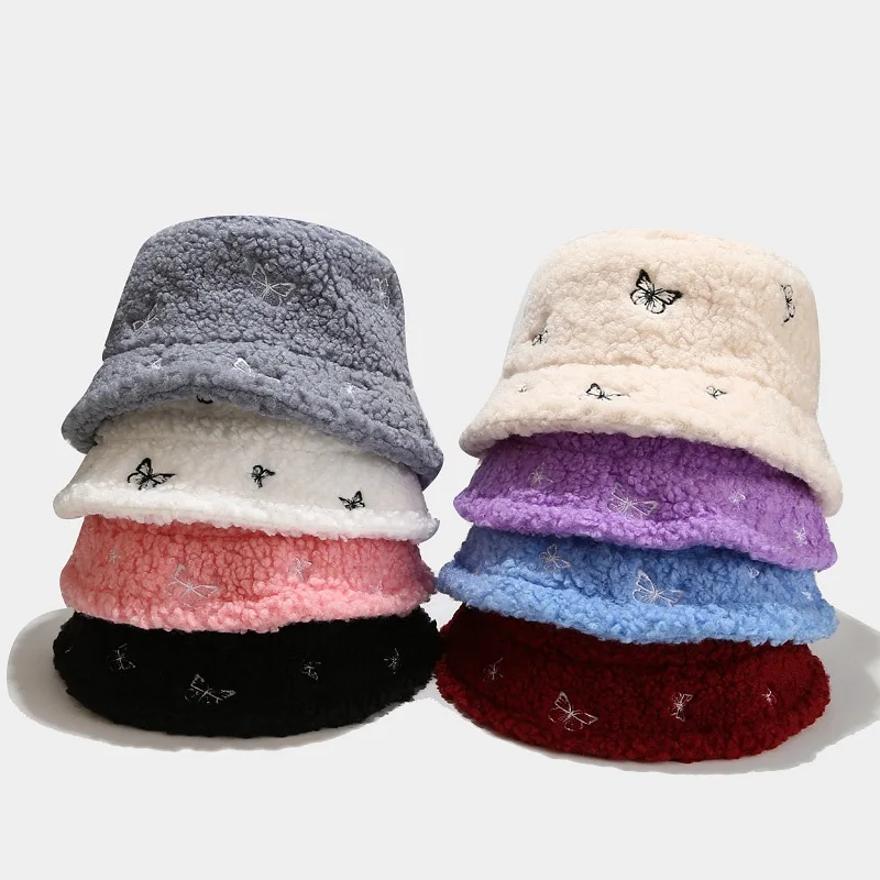 

2021 Hat Female Autumn and Winter Lamb Wool Faux Female Hats Cute Butterfly Embroidered Fashion Cap Czapka Dla Dziewczynki Muts