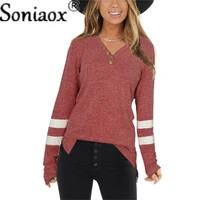 women casual blouse 2021 autumn winter long sleeve sweatshirt loose solid color stitching buttons v neck tops ladies pullover