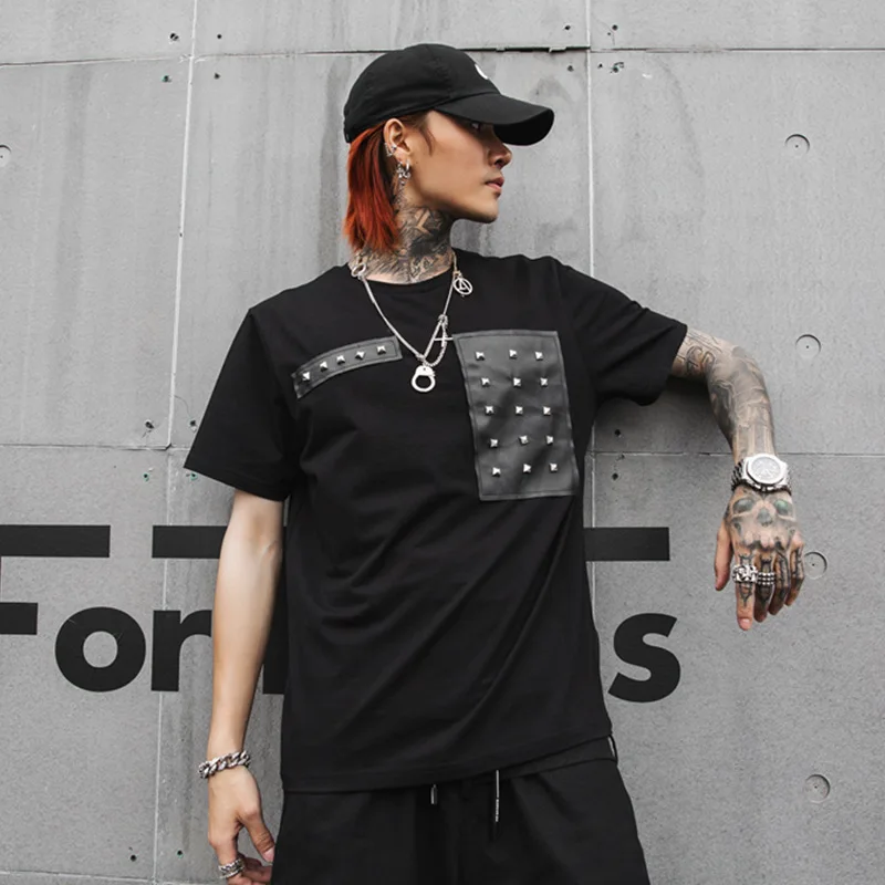 Мужская Уличная футболка с короткими рукавами и заклепками модная повседневная