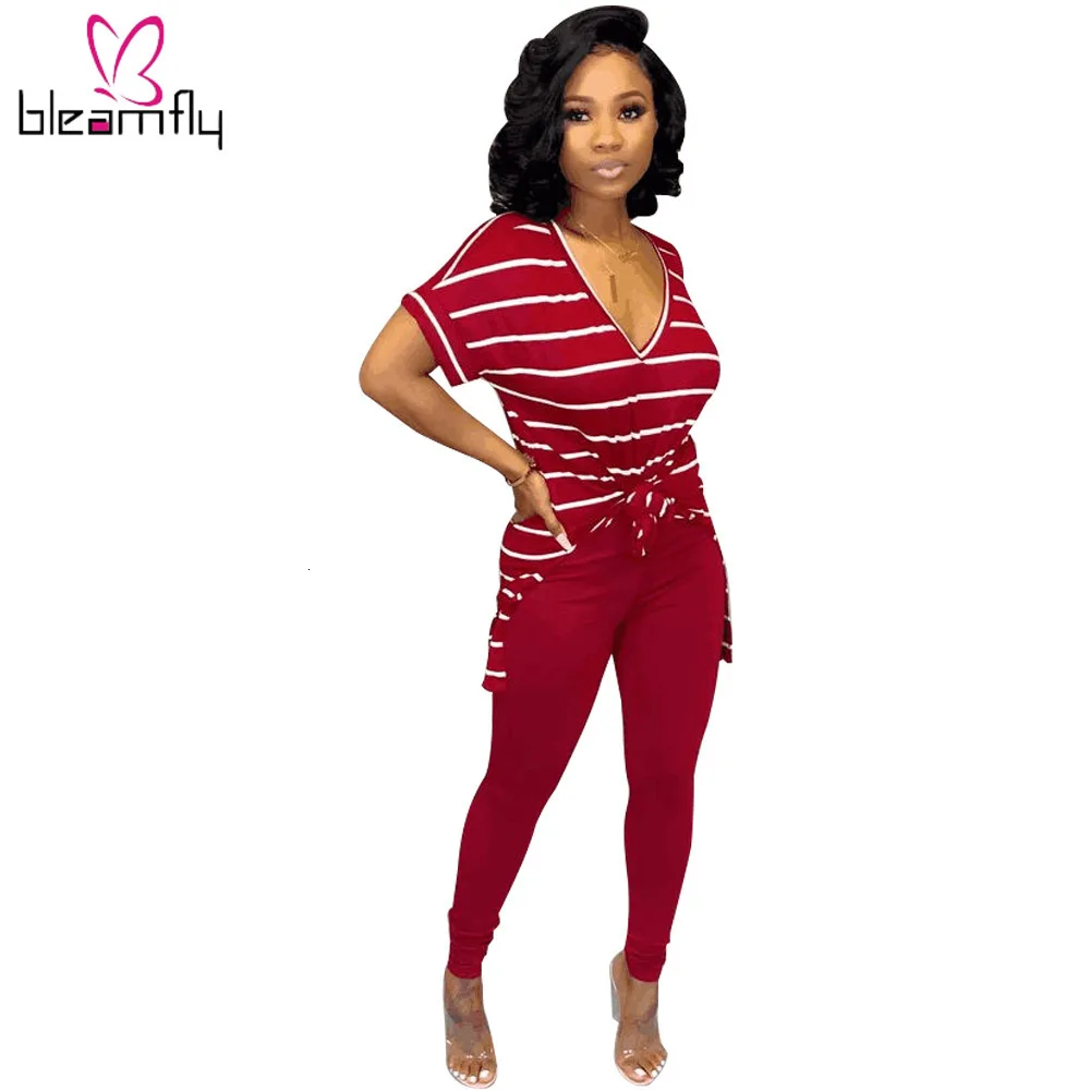 Осенне летний женский костюм в полоску с v образным вырезом футболка брюки