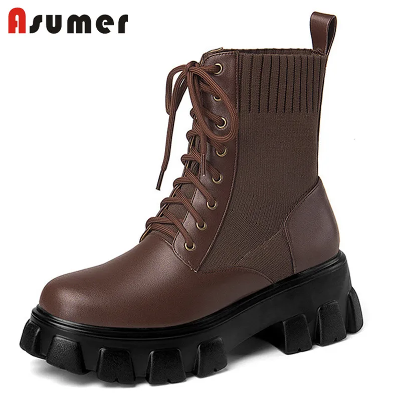 

Asumer 2022 Новое поступление ботильоны женская обувь из натуральной кожи + Вязаные эластичные повседневные ботинки на толстой подошве женские ...