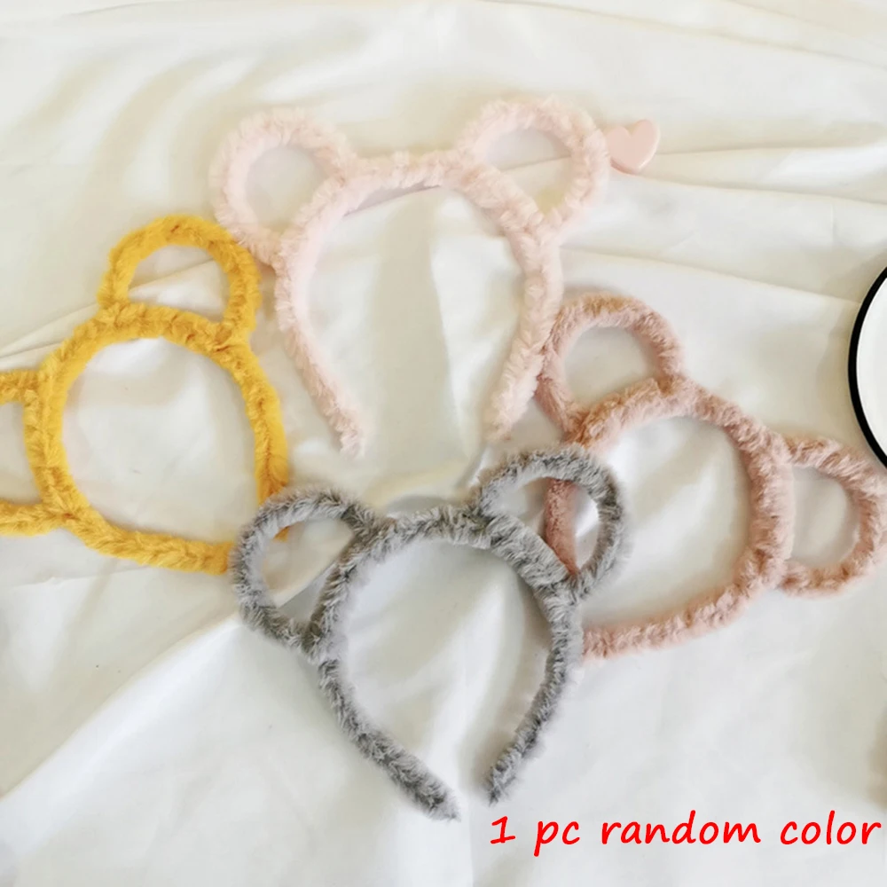 Повязка на голову детская однотонная с ушками медведя кролика кота плюшевая