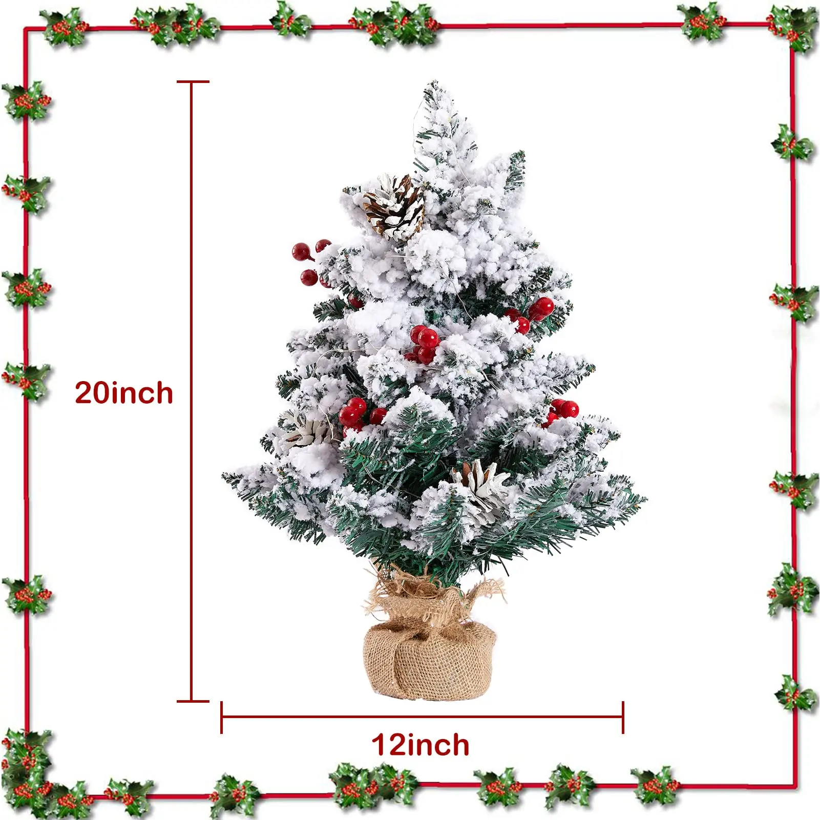 

Flocked Tabletop Christmas Tree, Pre-lit Artificial Mini Christmas Tree with Lights, Pine Cones, Red Berries, for Indoor Decorat