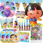 Мультяшная тема Дора для детей, праздничные атрибуты для дня рождения, посуда, воздушный шар из фольги, кружки, тарелки, салфетки, декор для детского душа, подарок для девочки