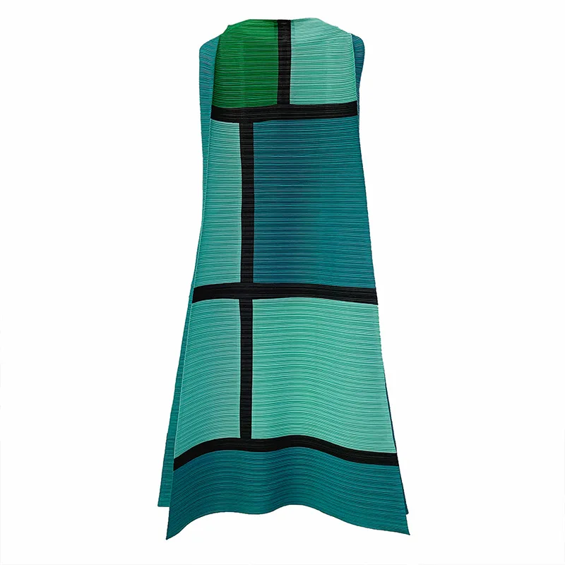 

LANMREM color block patchwork pleated dresses famale 2021 Summer loose large size sleeveless stand collar long dress women YJ237