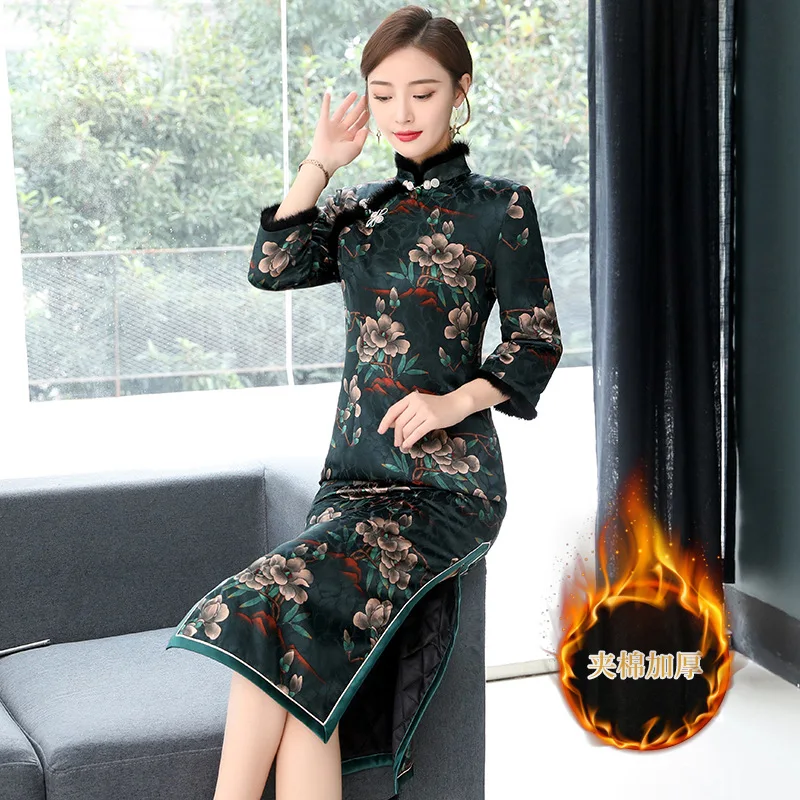 Винтажное хлопковое теплое китайское женское жаккардовое платье cheongsam Осень и зима Новинка
